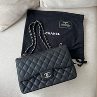 CHANEL CF30 黑銀荔枝皮JUMBO香奈兒 雙蓋30cm