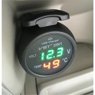 3合1高精度車載溫度計 汽車用電壓表記數顯溫度計USB手機充電器