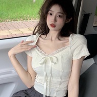 Square neck blouse with lace and bow tie, SUPER LUXURY WAVE elastic H8888 - Fashion 73