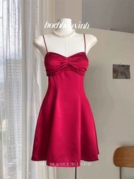 Váy lụa 2 dây dáng ngắn NHÚN NGỰC cột nơ lưng phi lụa cao cấp