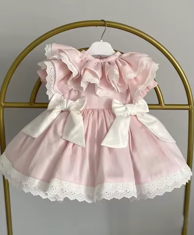 0-12Y Baby Girl Summer Pink Turkish Vintage Princess Ball Gown Dress for Birthday Eid Photography B8