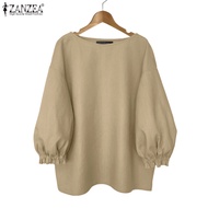 ZANZEA Women's Korean Style 3/4 Sleeve Puffed Sleeved Solid Color Blouse