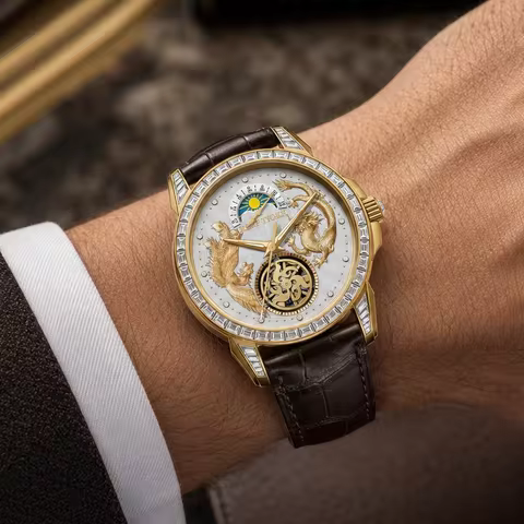 Reef Tiger "Artist Series" Men's Automatic Watch – "Dragon and Phoenix" Motif | Moon Phase | Leather