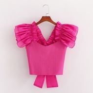 Women Ruffled organza sleeve Bow Tank Tops Summer New Square collar Knitted Slim Female crop tops Pa
