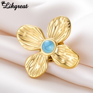 LIKGREAT Stainless Steel Four-Petal Flower Brooches Blue Turquoise Inlay Elegant Accessories