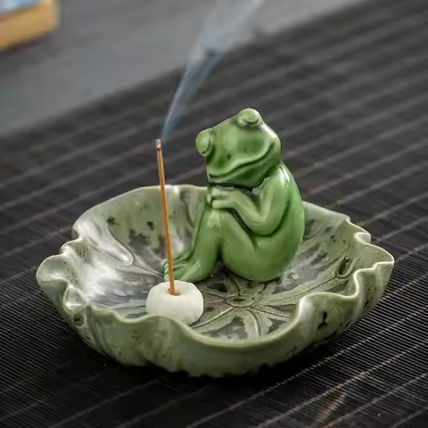 Meditation Frog Incense Stick Holder Ceramics Lotus Leaf Sitting Frog Incense Burner Home Office Des