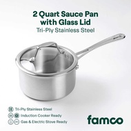 Famco 2QT Saucepan 16cm, Tri-Ply Stainless Steel, Glass Lid, Induction-Compatible Cookware Rust-Free