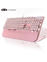 MageGee 粉紅色打字機機械遊戲鍵盤，104 鍵有線復古朋克圓形鍵帽，帶 LED 白色背光 USB 有線鍵盤，適用於遊戲和辦公，適用於 Windows 筆記型電腦 - 藍色開關