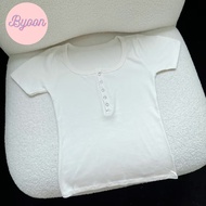 Áo Thun Tay Ngắn Cổ Vuông Byoon Store Cúc Bấm Đơn Giản Dễ Thương Đi Học Cafe BY90