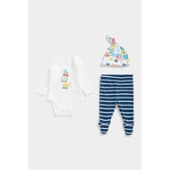 MC Boys Set 3pcs Mothercare Bodysuit Hat Pants Little City White Navy Stripe Car Bus Cunstruction Or