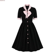 Women Vintage Bow Solid Dress Retro Rockabilly Elegant Cocktail Party 1950s 40s Swing Dress Summer D