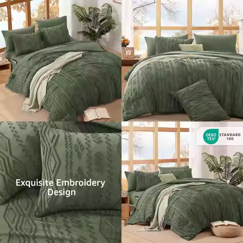 7-Piece Olive Green Shabby Chic Queen Bedding Set with Comforter, Sheets, Pillowcases & Shams