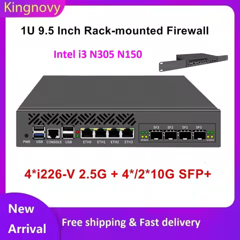 9.5 Inch 1U Rack-mounted Mini PC Intel N150 i3 N305 4/2*10G SFP 4xi226-V 2.5G Firewall Appliance Gat