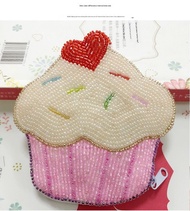 Handmade Coin Bag Women Beaded Coin Purse Fan Small Cute Pink Strawberry Cake Rice Beads Beads Small