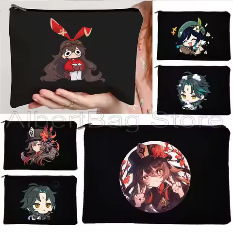 Kawaii Anime Genshin Impact Cosmetic Makeup Bag zhongli Hu Tao Chibi Xiao Venti Neuvillette Thomato 