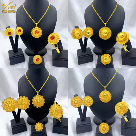 Women Diamond-Studded Floral Elegant Necklace Bracelet Earrings Ring 4-Piece Set 24K Gold AU999 - Ex
