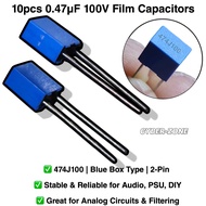 10pcs 0.47uF 100V Film Capacitor | 474J100 Blue Box Type | 2-Pin Polyester Capacitor