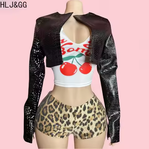HLJ&GG Fashion Long Sleeve Crop Jacket+Sleeveless Tank Top+Leopard Sequin Shorts 3 Piece Sets Outfit