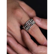11💕 S925Sterling Silver Square Fortune Ring Men's Hollow Retro Ruyi Abacus Fashion Rotatable Wide Face Ring SFEX