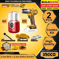 BUILDMATE Ingco 2PCS/SET Li-Ion 20V Cordless Drill Brushless Motor & Coffee Grinder Combo Kit & Cord