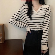 Msia Ready Stock🔥T2308 Korean Collar Striped Knitted Shirt