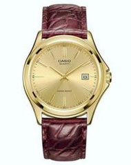 CASIO WATCH 卡西歐金色男士單日期圓格紋棗紅皮帶石英腕錶 型號：MTP-1183Q-9A【神梭鐘錶】