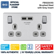 British General (FBS22U3G) Screwless Flat Plate 13A Switched Double Socket with USB Charger, 13A, 2 gang SP, switched +