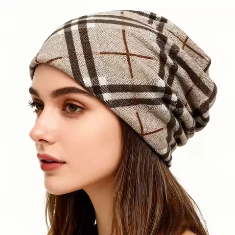 Women Pullover Hat Plaid Print Scarf Pullover Hat Turban Hats Casual Hedging Cap Autumn Winter Skull