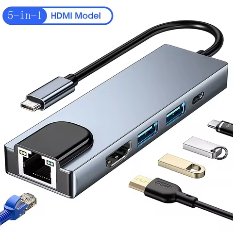 5 in 1 USB C Hub to 4K HDMI-compatible USB 3.0 2.0 Type C Charging RJ45 100M Splitter USB 3.0 5Gbps 