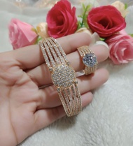 PERHIASAN WANITA SET GELANG BANGKOK BESAR + CINCIN BERLIAN BESAR MEWAH PERMATA TANAM MODIS CANTIK EL