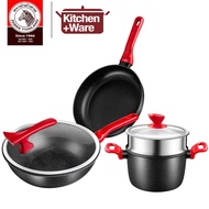 ASD Maifan Stone 3-Pc Die Cast Cookware Set / 20cm Pot + Steamer + Glass Lid, 26cm Frying Pan, 26cm Frying Pan + Glass