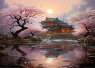 HIASAN DINDING KEINDAHAN BUNGA SAKURA DI TEPI DANAU D113/POSTER CETAK/TANPA BINGKAI/BISA COD
