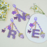 Purple Flower Butterfly Strawberry 26 Letters Keychain for Women Fashion DIY Accessory Lucky Gift Ra