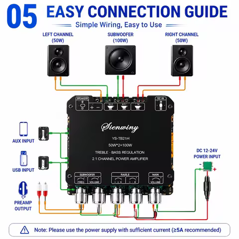 2.1CH Bluetooth Amplifier Board 200W Class D 50W*2+100W Subwoofer Bass Treble USB APP MIC KTV DC12-2