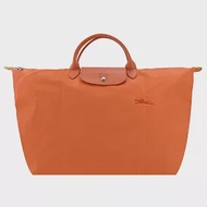 LONGCHAMP LE PLIAGE GREEN系列刺繡短把再生尼龍摺疊旅行袋(小) 胡蘿蔔橘