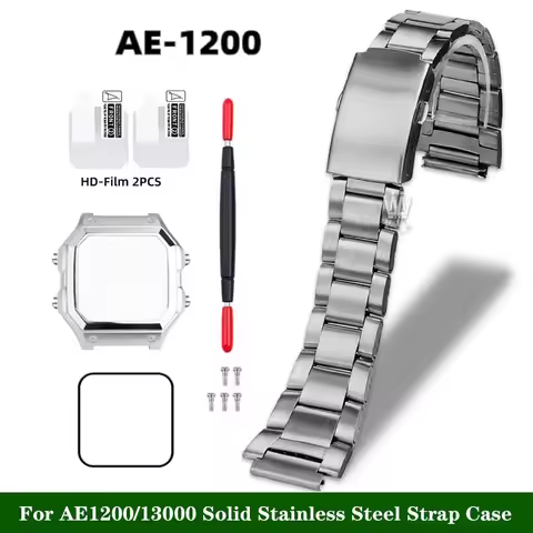 For Casio AE-1200 AE-1200WH AE1200/1300/1500 Mod Kit Solid Stainless Steel Strap and Case with Glass