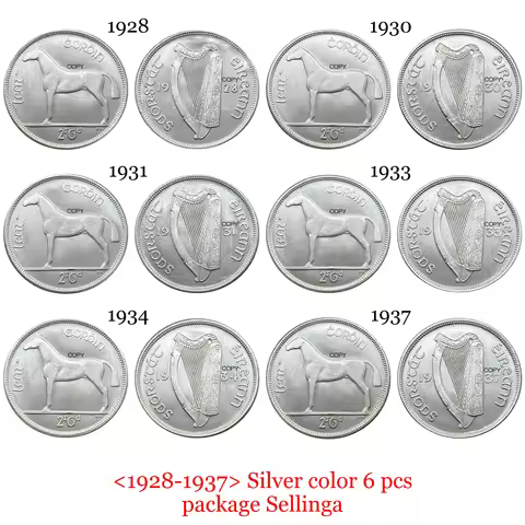 Ireland 1928 -1937 6 Pcs Half ½ Crown 2 Shillings 6 Pence Silver Plated Copy Commemorative Coin Ww2 