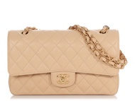 Chanel Beige Quilted Caviar Medium Classic Double Flap Gold Hardware, 2023