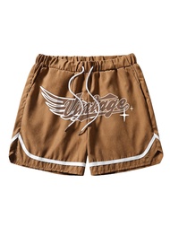 Men's Letter and Graphic Print Drawstring Waist Shorts Casual Tie Front Track Shorts Athletic Gym Sh