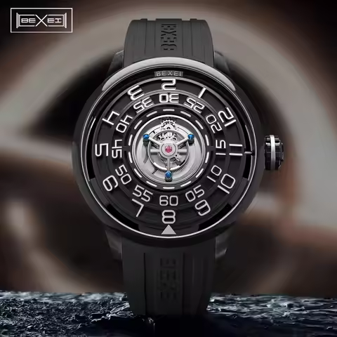 BEXEI 9110 Center Tourbillon Mechanical Watches for Man Black Tourbillon Skeleton Sapphire Man Watch