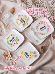 1pc Personalized Floral Ceramic Jewelry Tray, Customized With Your Name And Date, Rings, Earrings, N