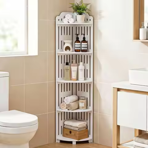 5Tier 43.31 Inch Waterproof PVC Corner Storage Shelf, Scandinavian Style Organizer For Bathroom Kitc