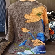 Authentic imported Pleated Chinese Style Retro Lotus Printed Jacket Summer New Issey Miyake Loose Ba