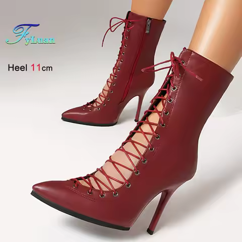 Spring Autumn Wine Red Women's Knight Boots Thin High Heels 11cm Lace Up Side Zipper Pointed Toe Lad