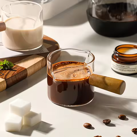 75ml Wood Handle Glass Scale Espresso Measuring Cup DIY Milk Jug Coffee Supplies Double Mouth Transp