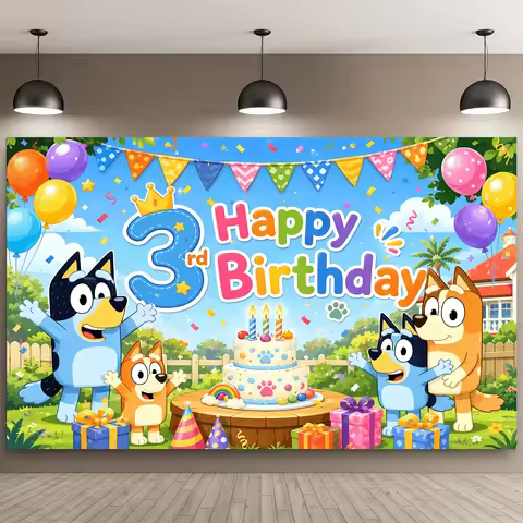 Bluey 3 Year Birthday Fabric Backdrop Kids Party Decoration Cartoon Cake Balloons Flags Gifts Photo