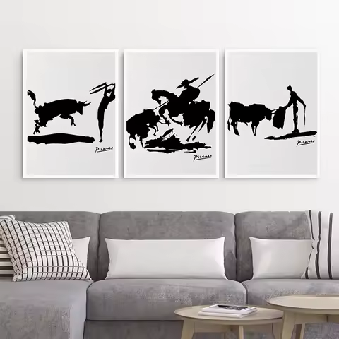 Abstract Picasso Human and Bull Silhouette Poster and Print Black White Canvas Painting Wall Art Pic
