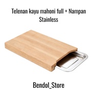 Mahogany Wood Cutting Board + Stainless Steel Tray measuring 30x24x6 Cm