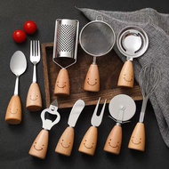 Korean smiling face tableware full set of kitchen gadgets set wooden handle butter knife spoon fork pizza knife egg beat