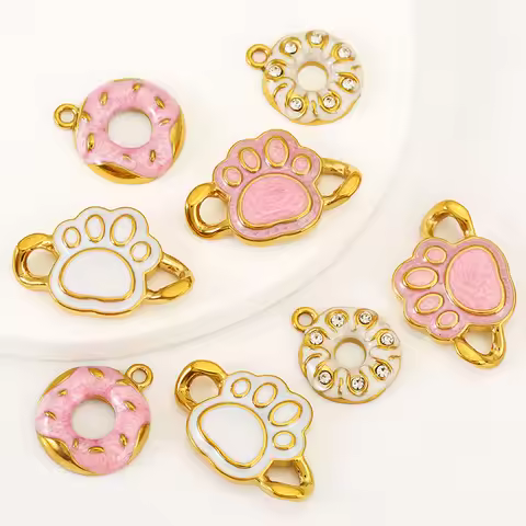 4pcs Stainless Steel Enamel Cat Paw Print Connectors Doughnut Charms for DIY Bag Bracelets Necklace 